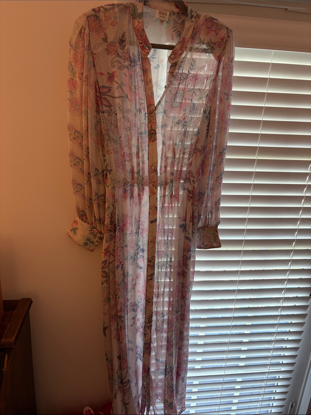 HEMANT & NANDITA Sheer Floral Long Sleeve Maxi Dress - Pink & Cream
